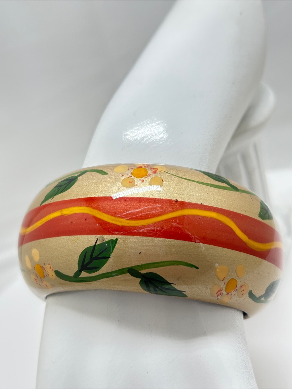 Painted Wide Wood Bangle Bracelet, Autumn Colors, Gold, Orange, Green